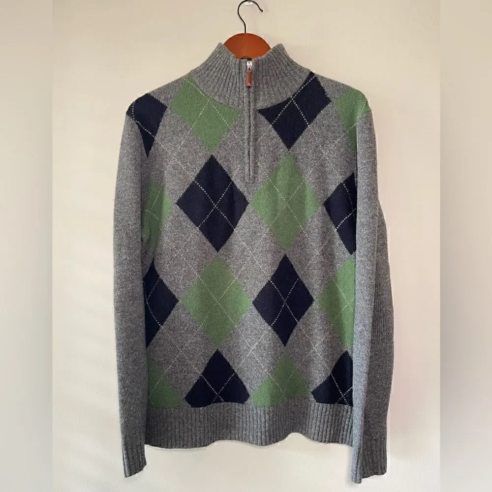 J. Crew 100% Premium Lambswool Argyle Gray Zip Pullover Sweater Size Medium